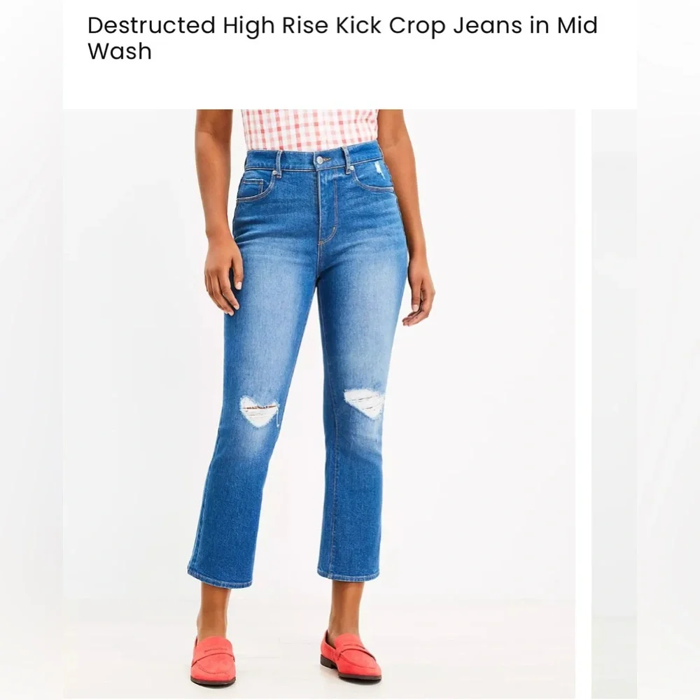 Destructed High Rise Kick Crop Jeans in Mid Wash Size 8